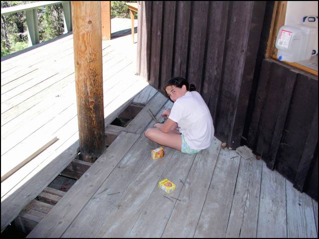 The first job in replacing the deck is to pull out the old nails -- good job Laura!