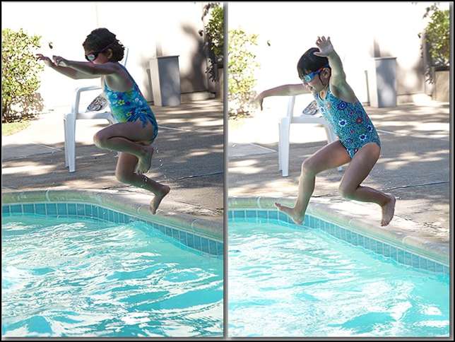 Ava and Sydney jumping into the pool