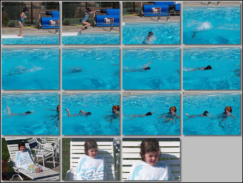 Sydney jumps into the deep end (10 feet) and swims to Erin