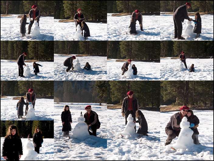Building a snowman in the meadow