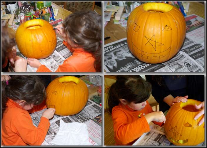 The next step is to carve out the eyes, nose, and mouth.