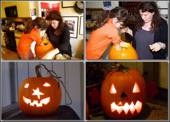 Boy this is a big pumpkin -- our two Jack-O-Lanterns