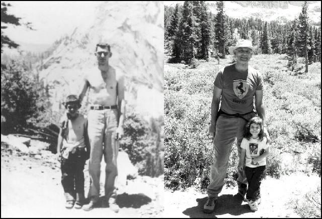 Little Jay & Sidney hiking in Yosemite, 1948 ----- Jay & little Sydney hiking at the cabin in 2003