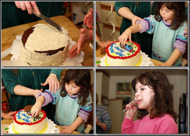 Sydney helped Grandma and Mommy bake the Thomas cake.